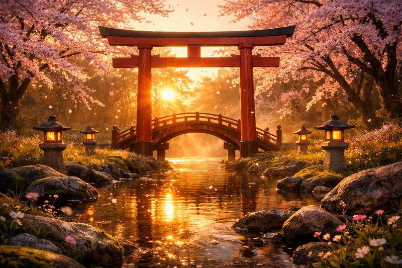 Red torii gate over a small arched bridge in a cherry blossom garden at sunset