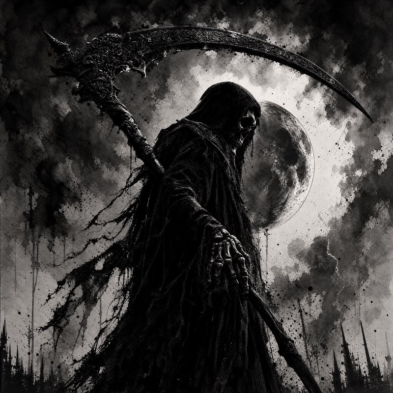 Grim Reaper with ornate scythe in a dark, moonlit cloudy scene.