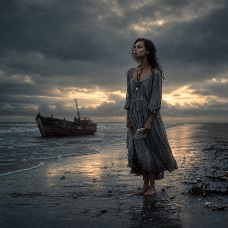 Woman in a gray vintage dress stands barefoot on a dark beach at sunset with a shipwreck in the distance.