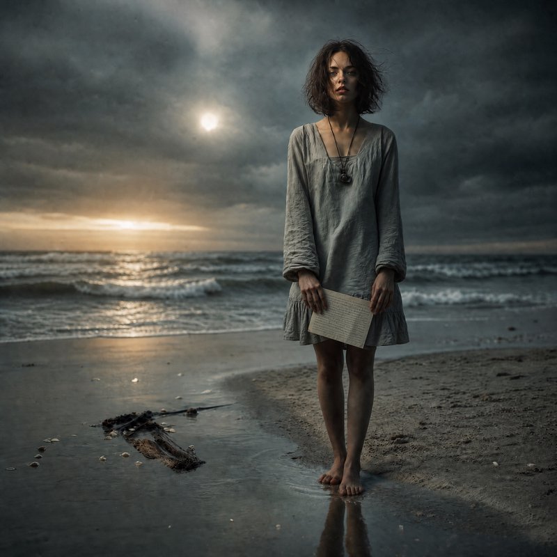 Young woman standing barefoot on a moody beach at sunset, holding a handwritten note.