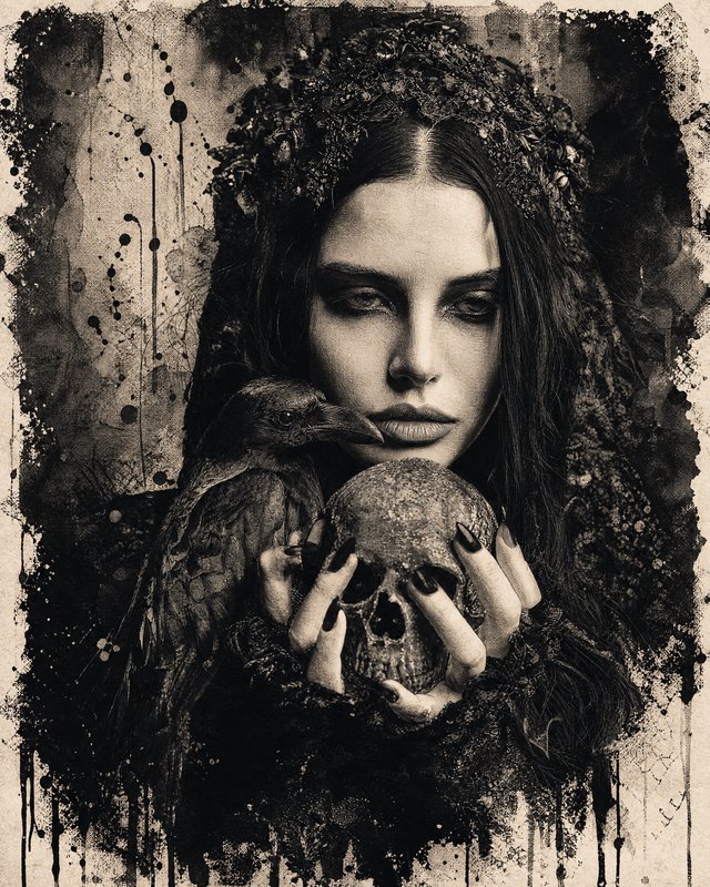 Gothic woman with crown holding a skull and crow in a sepia-toned portrait.