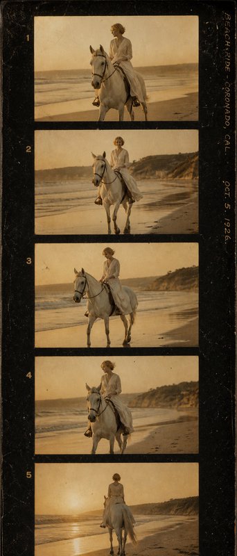 Vintage photo strip of a woman riding a white horse along a beach at sunset.
