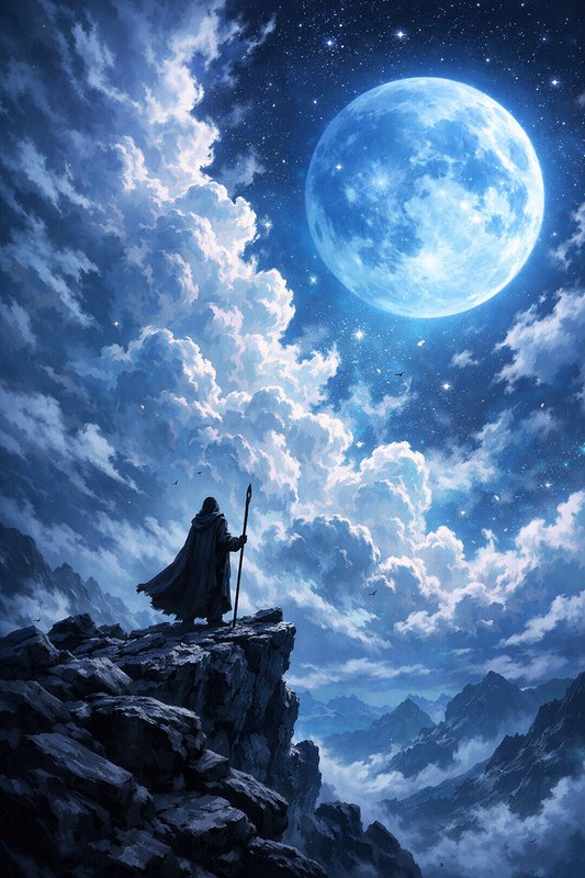 Silhouette of a cloaked figure with a staff on a rocky cliff under a huge blue moon.