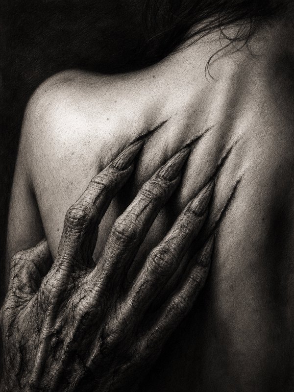 Close-up of an ancient, wrinkled hand gripping a bare shoulder in black and white