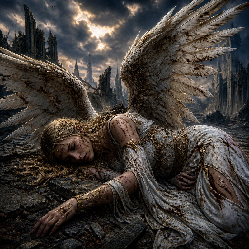 Angelic figure with white feathered wings lies among rubble in a dark, ruined cityscape.