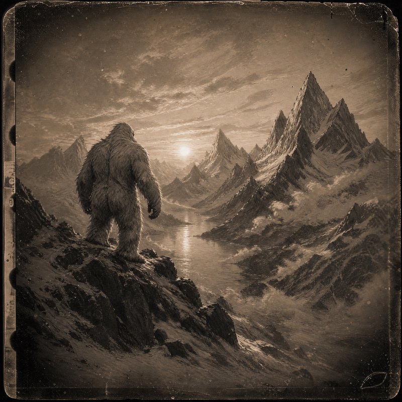 Silhouetted Bigfoot stands on a rocky ledge overlooking a jagged, snowy mountain valley at sunset