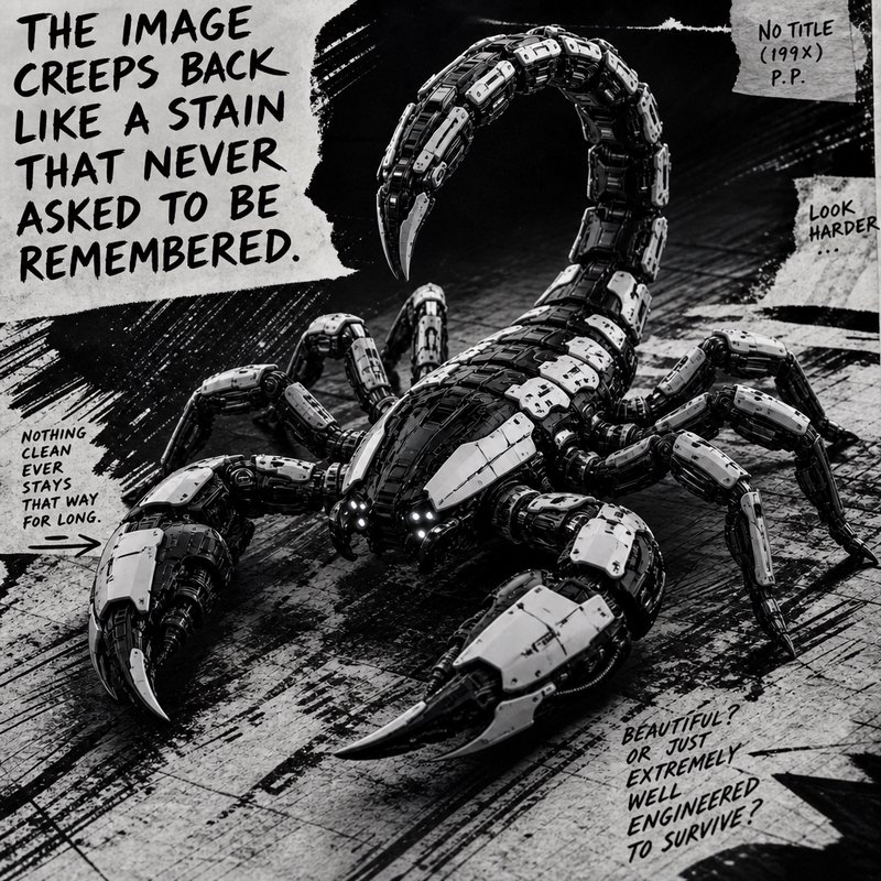 Black-and-white robotic scorpion in a gritty sci-fi comic panel.