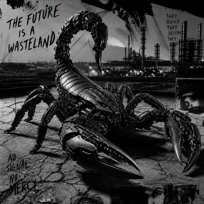 Large black and white mechanical scorpion in a ruined industrial wasteland.