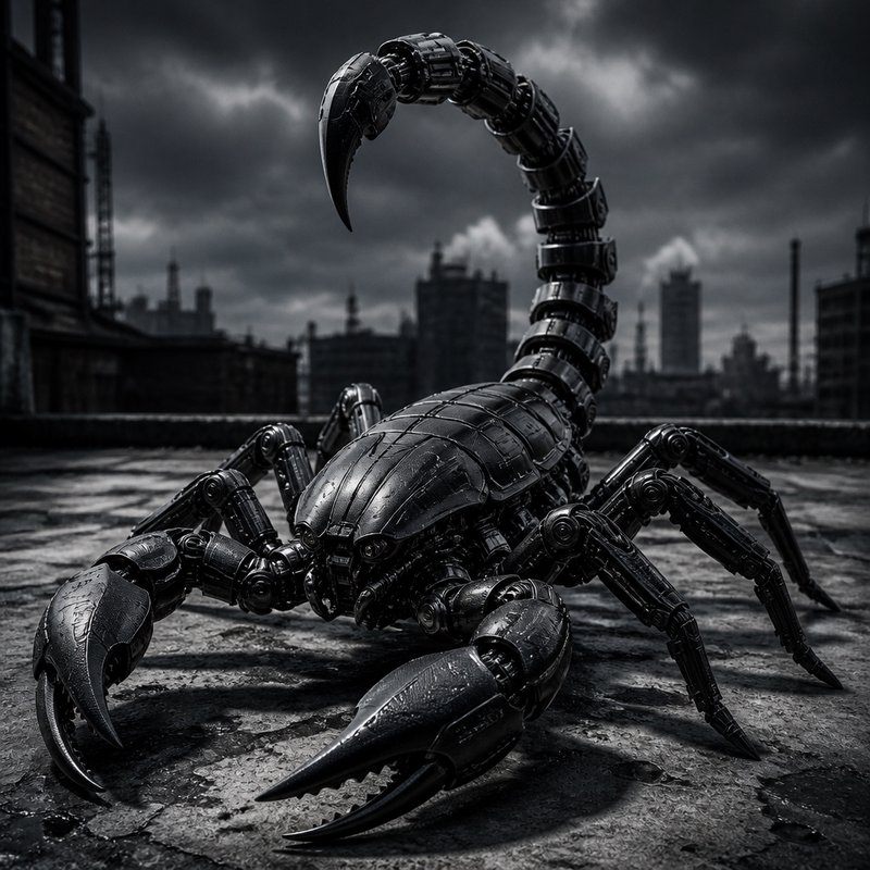 Dark metallic robotic scorpion on a rooftop with an industrial cityscape in the background