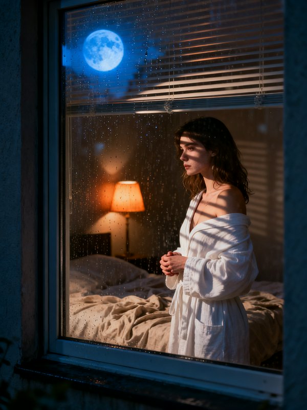 Pensive woman in a white bathrobe stands at a rain-streaked bedroom window at night, with a full moon and warm interior