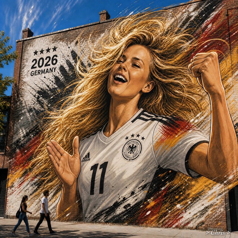 Large street mural of cheering German female soccer player on a brick building, marked 2026 Germany, pedestrians