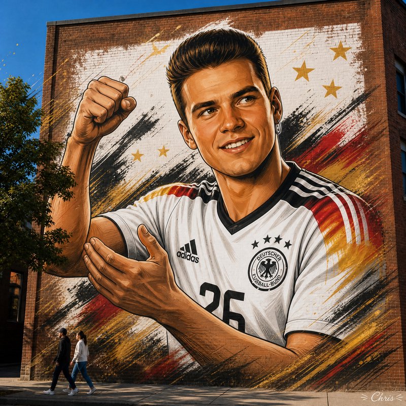 Large vibrant street mural of German national soccer player #26 celebrating, painted on a red brick building facade