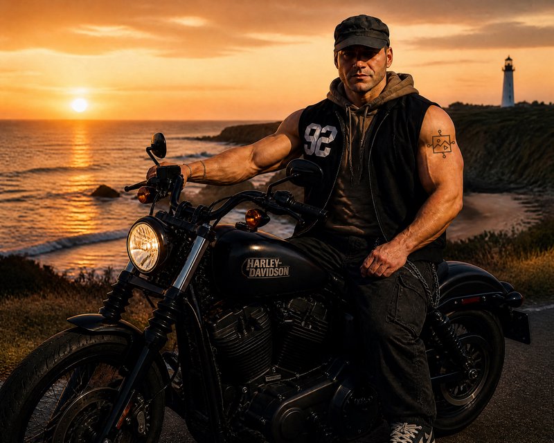 Muscular male biker seated on a Harley-Davidson cruiser at a coastal cliff during warm orange sunset, shoreline