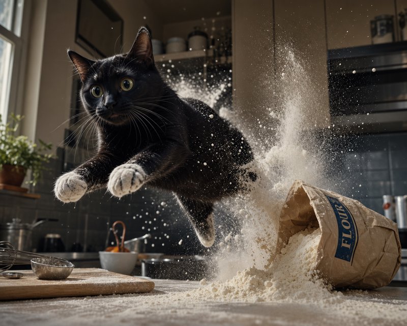 Wide-eyed tuxedo black cat leaps mid-air as spilled flour explodes from a tipped flour bag on a home kitchen counter