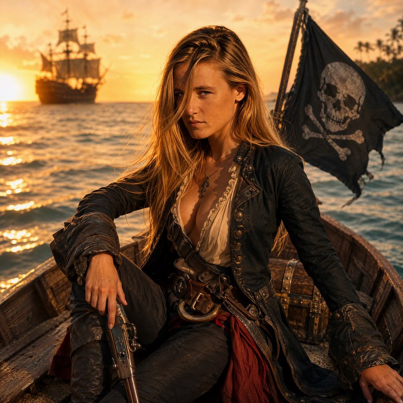 Fierce blonde female pirate captain sits in a rowboat with Jolly Roger flag, golden ocean sunset and sailing galleon in
