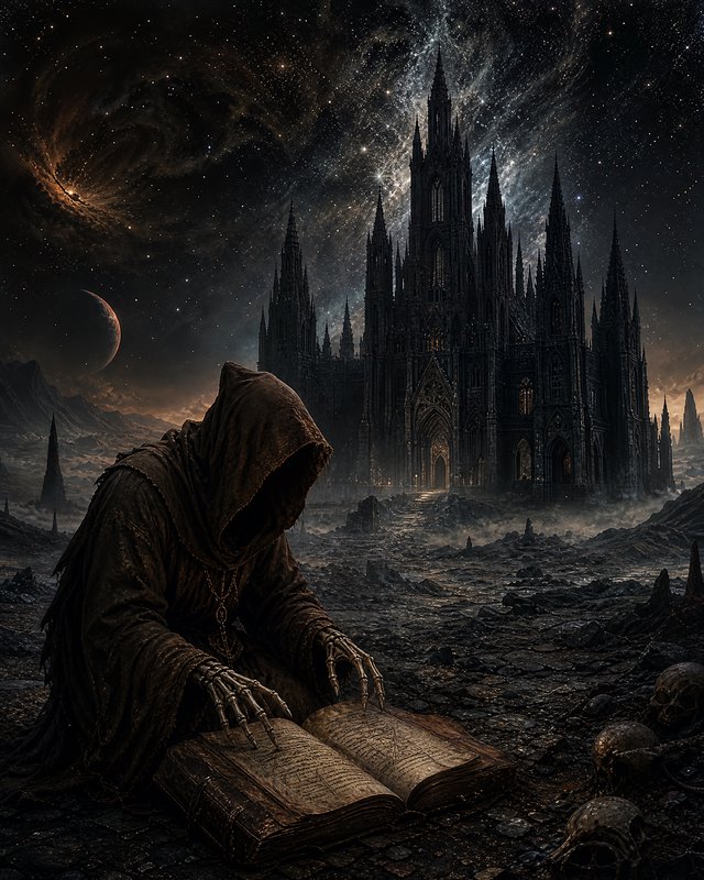 Hooded skeletal figure reads an ancient grimoire before a towering gothic castle under a swirling starry cosmic sky