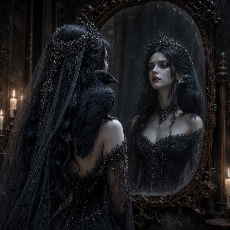Gothic queen in beaded black gown with a raven on her shoulder gazes at her reflection in an ornate antique candlelit mirror