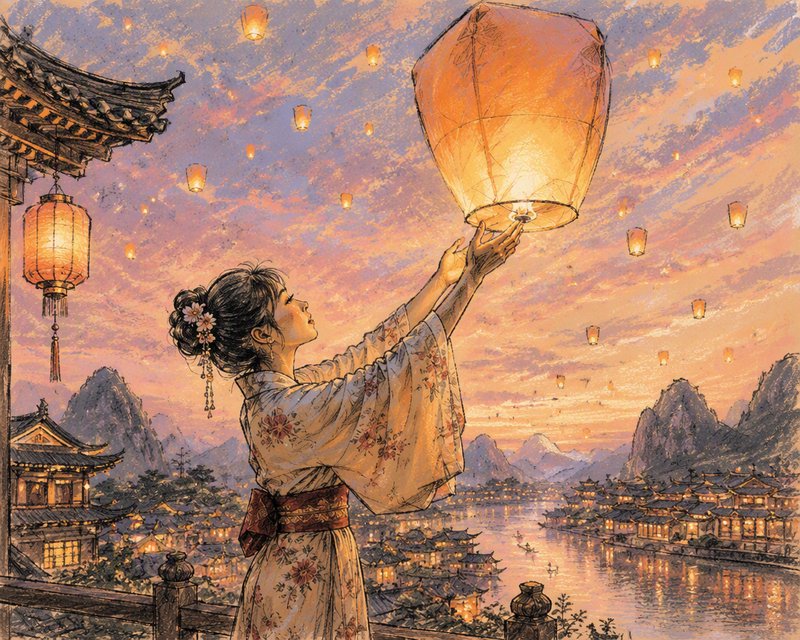 Young woman in floral traditional kimono releases a glowing sky lantern over a historic riverside East Asian town at
