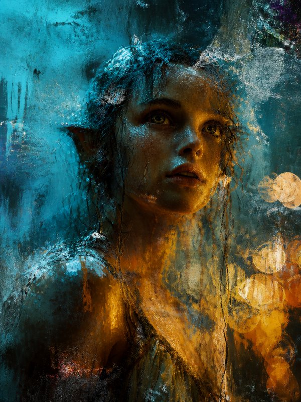 Close-up fantasy portrait of a wet elven woman with pointed ears, lit by warm golden light against a textured teal