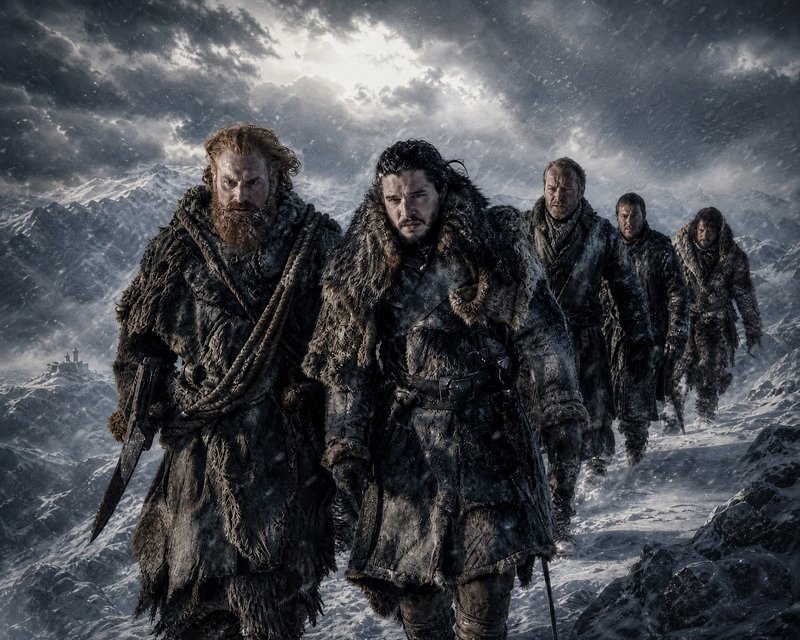 Jon Snow and Tormund lead a warrior party trekking through a stormy frozen mountain pass in Game of Thrones.