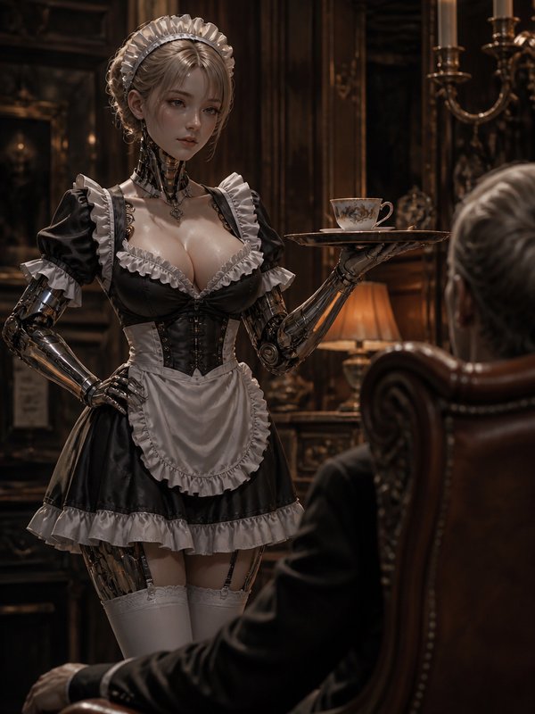 [Cybernetic android maid in ruffled vintage uniform holds a tea tray, standing in an ornate dark wood Victorian study]