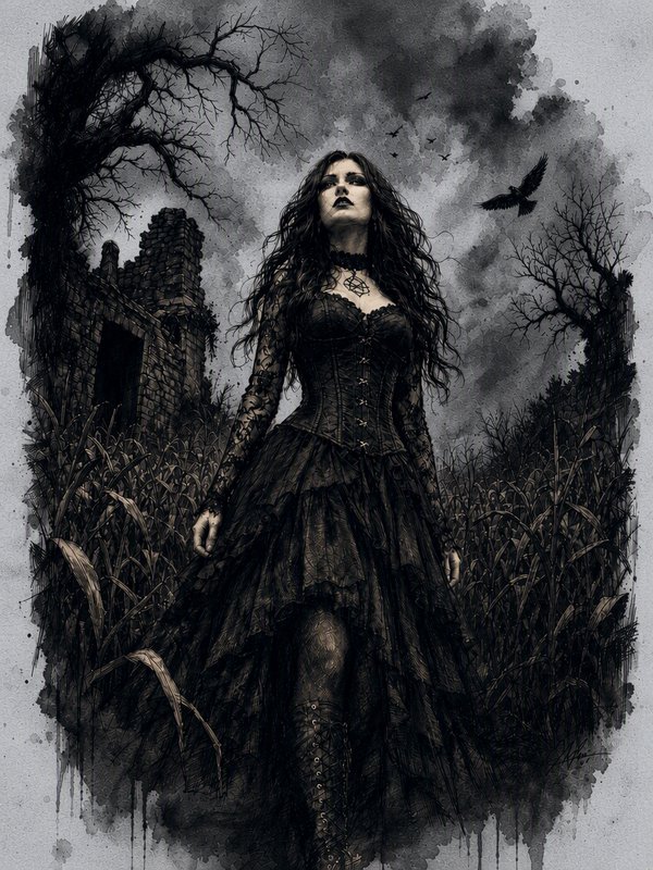 Gothic woman in black lace corset gown stands amid overgrown castle ruins, framed by twisted bare trees and a flying raven