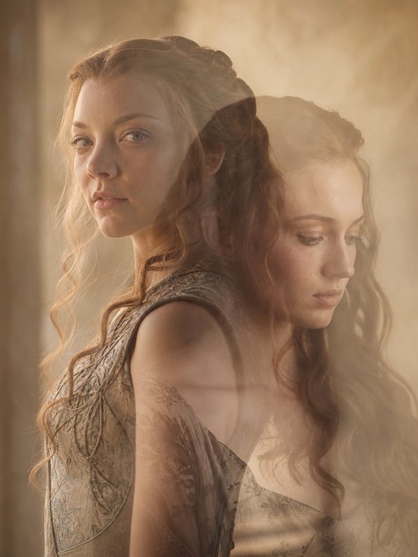 Double exposure portrait of Game of Thrones' Margaery Tyrell and Sansa Stark in soft warm golden hazy light