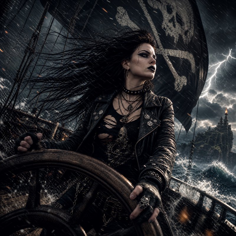 Gothic female pirate captain steers a ship wheel through a raging storm beneath a billowing Jolly Roger flag, lightning