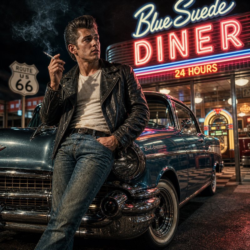 1950s greaser with pompadour leans on vintage Chevy outside glowing neon Route 66 diner at night