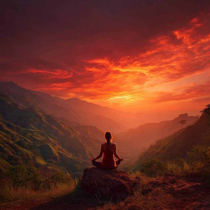 Woman meditating in lotus pose on a mountain outcrop, overlooking lush green valleys under a dramatic fiery red sunset sky
