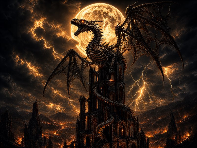 Skeletal undead dragon perched on a gothic tower, backlit by a glowing full moon above a stormy lightning-filled hellscape