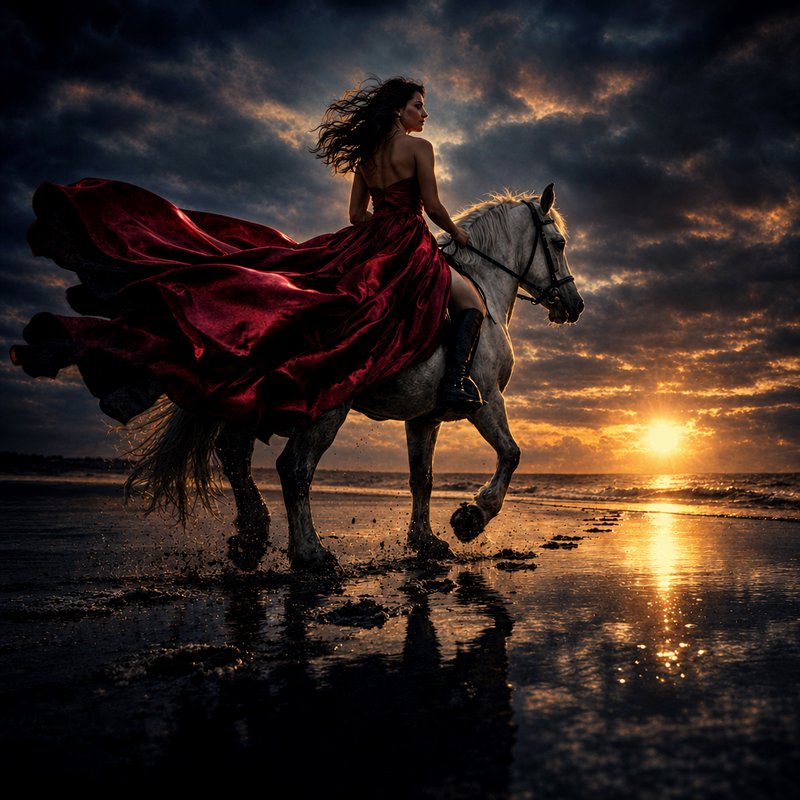 Woman in flowing crimson gown rides a white stallion along a glistening beach at dramatic golden sunset