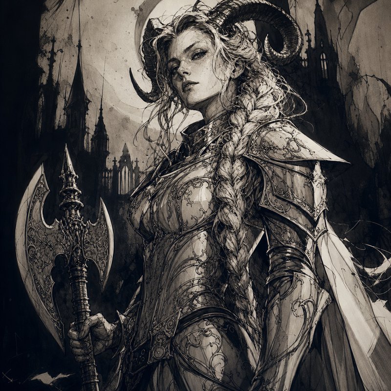 [Monochrome ink illustration of a horned female fantasy knight holding an ornate battle axe, moonlit gothic castle backgro...