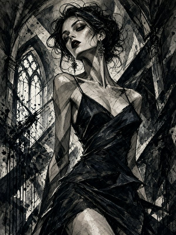 [Monochrome ink sketch of an elegant gothic woman in a black slip dress, posed inside a vaulted gothic cathedral interior.]