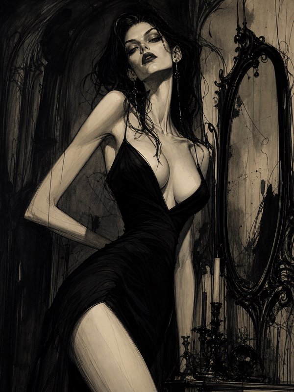 [Sepia ink gothic illustration of a slender woman in a black dress posing beside an ornate antique mirror]