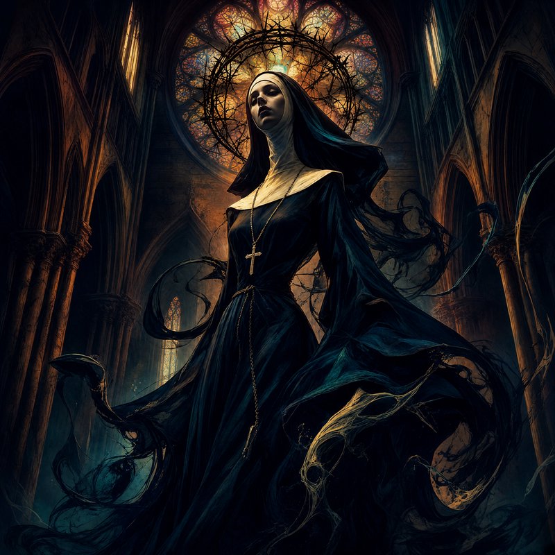 Dark gothic portrait of a nun with a crown of thorns halo standing in a towering cathedral before a glowing rose stained