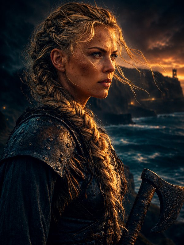[Fierce blonde Viking shieldmaiden with braided hair, armor, and battle axe overlooks a stormy coast at dramatic golden su...