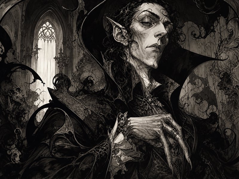 [Monochrome gothic ink illustration of a gaunt, elegant vampire lord inside a shadowy medieval cathedral castle interior]