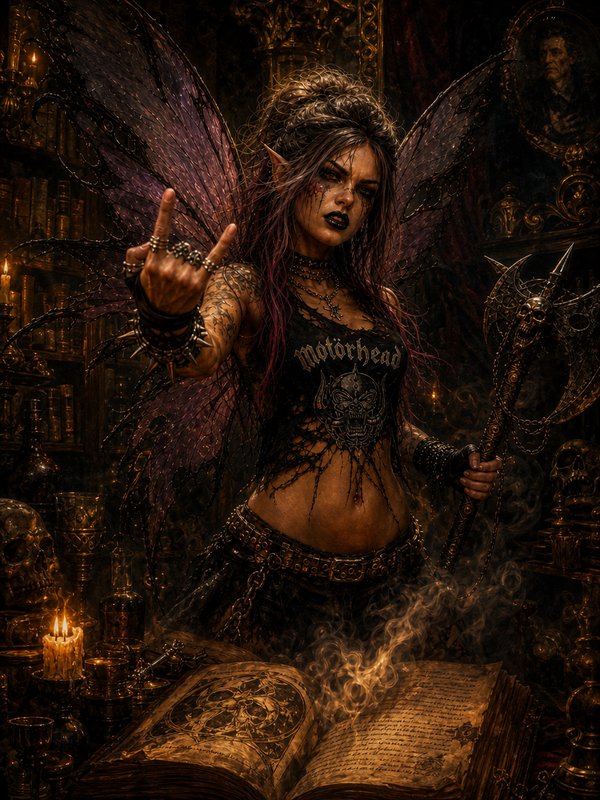 Gothic punk fairy with tattered purple wings makes rock-on hand gesture, holding a skull staff above a smoking ancient