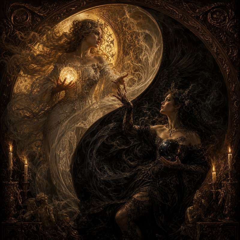 Ornate yin-yang fantasy art of light and dark goddesses reaching to touch hands, each holding a glowing and shadow orb.