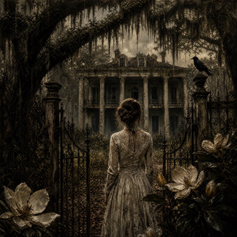 Woman in vintage lace gown stands at open iron gate facing a dilapidated overgrown southern antebellum plantation mansion.