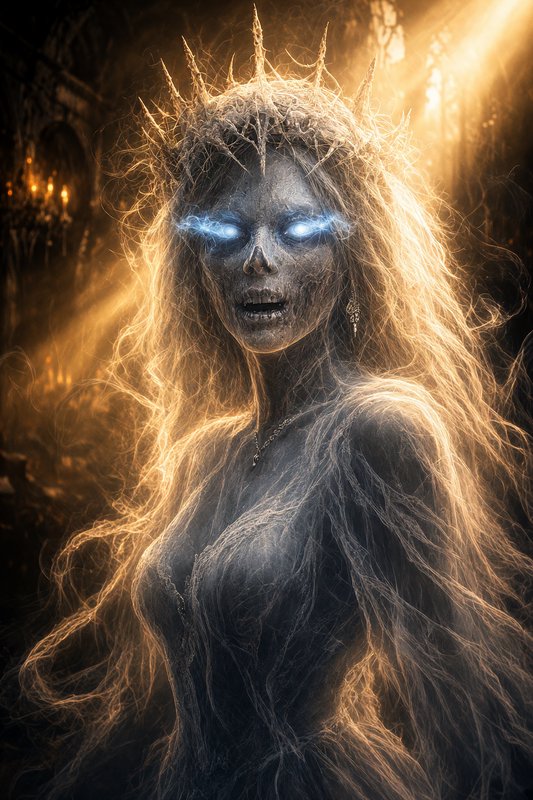 [Undead lich queen with glowing blue eyes, thorny crown, wispy golden hair standing in a dark gothic castle]