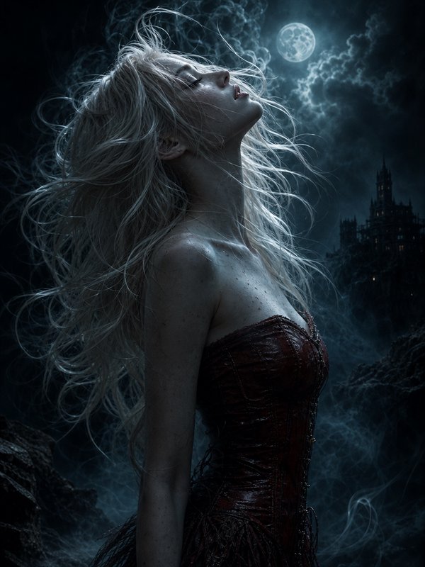 [Windswept pale blonde woman in a red corset tilts her head back, full moon and gothic castle in misty storm night backgro...