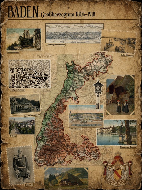 Aged vintage collage map of Grand Duchy of Baden 1806-1918, surrounded by historic landmark illustrations, portraits