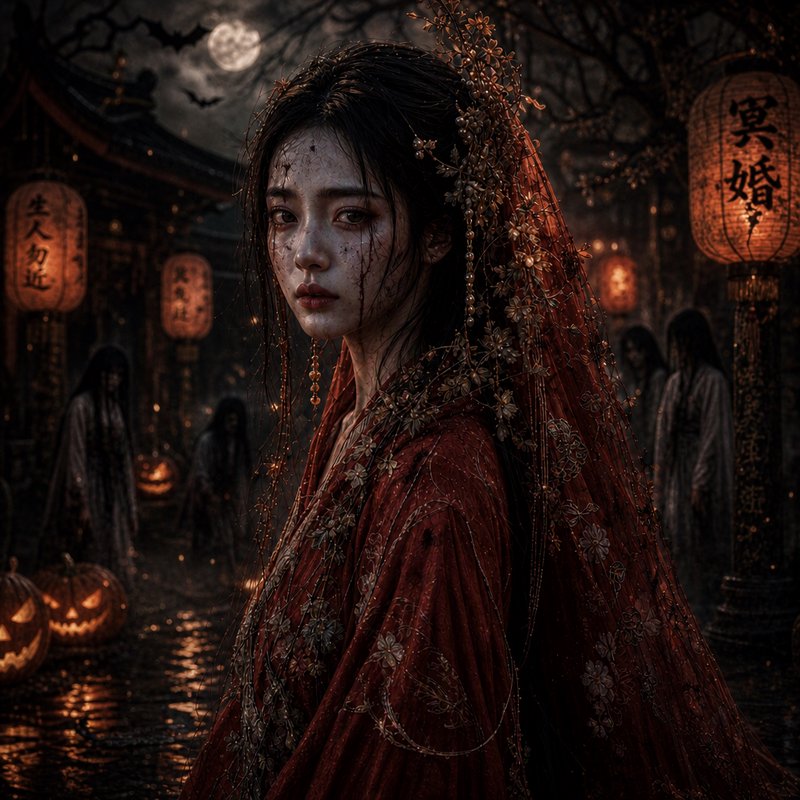 Ethereal spooky Chinese ghost bride in embroidered red veil stands in a misty moonlit haunted lan...