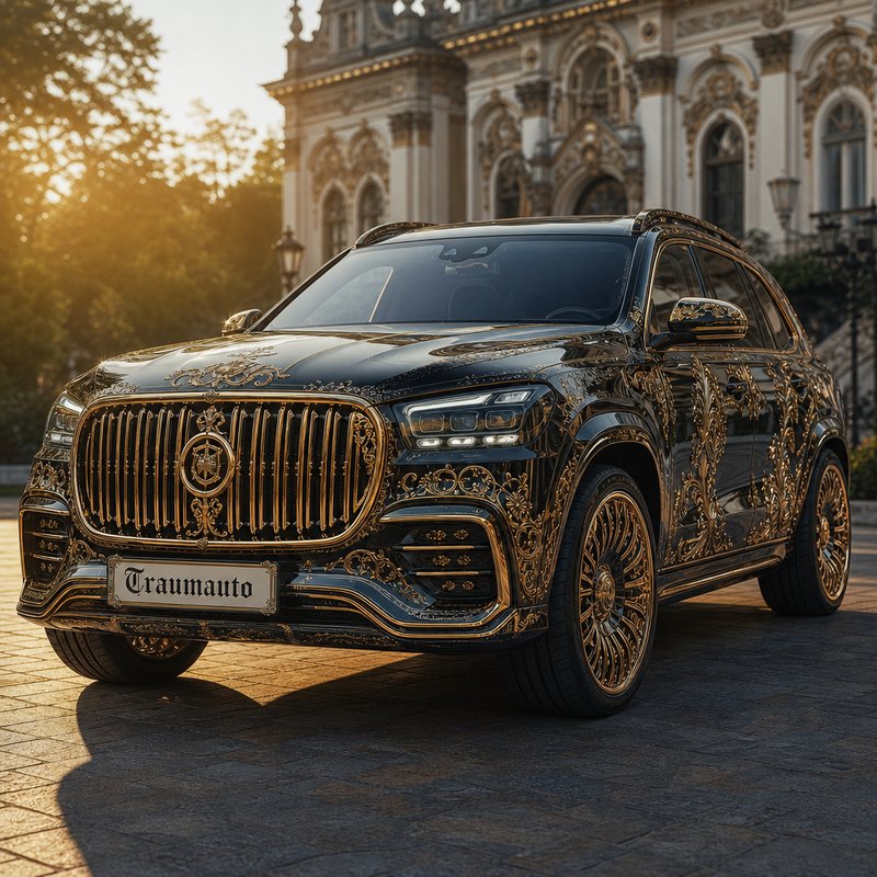 Ornate black luxury SUV with intricate gold baroque detailing parked outside a historic palace du...