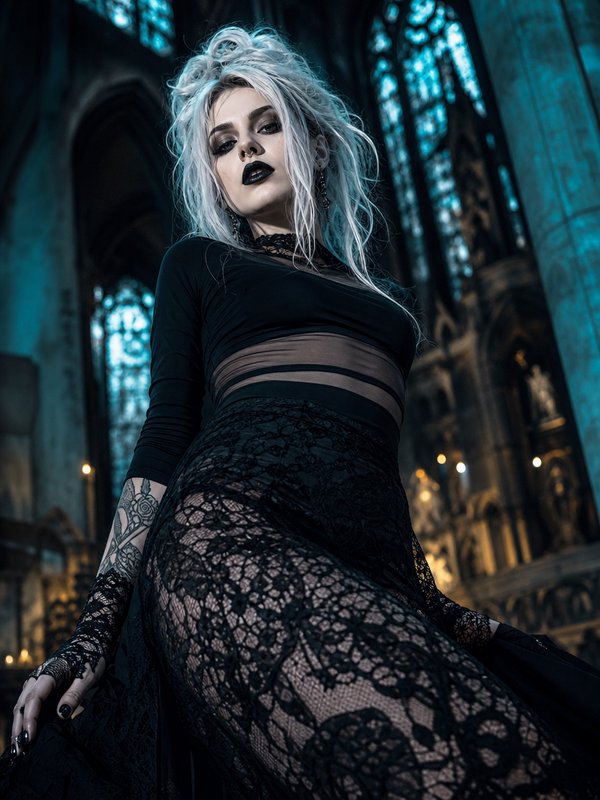 Low-angle portrait of platinum blonde goth woman in black lace, posed inside a moody Gothic cathedral interior