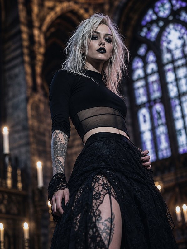 Low angle portrait of platinum blonde goth woman in black lace attire standing inside an ornate gothic cathedral