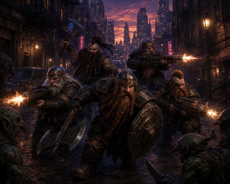 Armored bearded fantasy dwarves wielding steampunk weapons battle goblins on a rain-slicked dusk ...