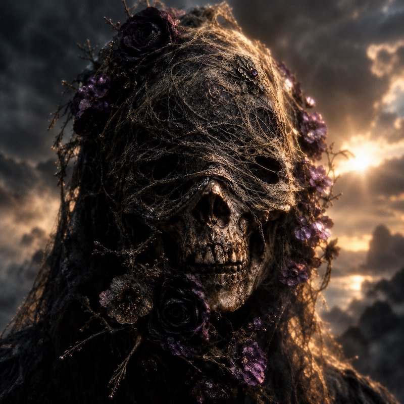 Close-up gothic skeleton draped in cobweb veil, adorned with dark purple roses against a stormy g...